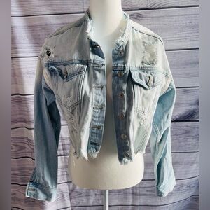 Pac Sun crop distressed Jean jacket one size fits all rough edges buttons